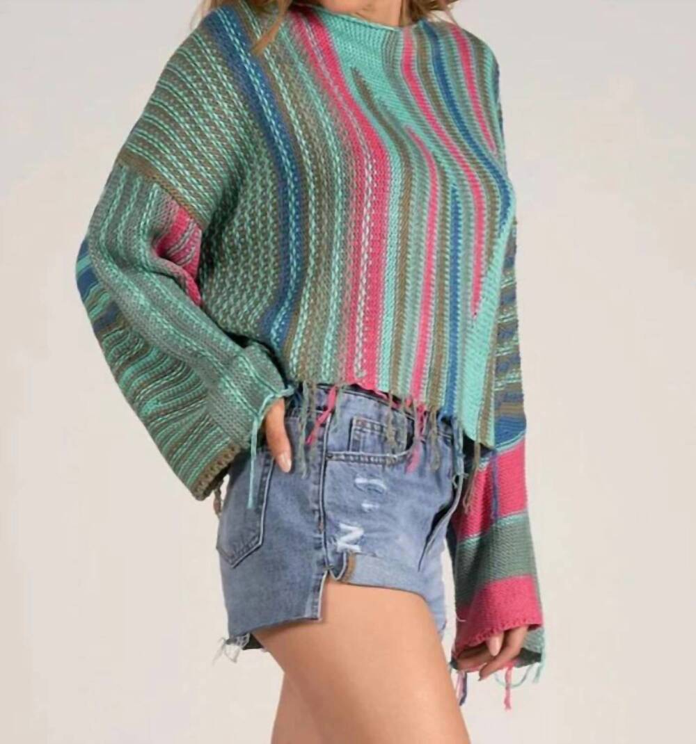 NEW ELAN boho cropped sweater in turquoise multi